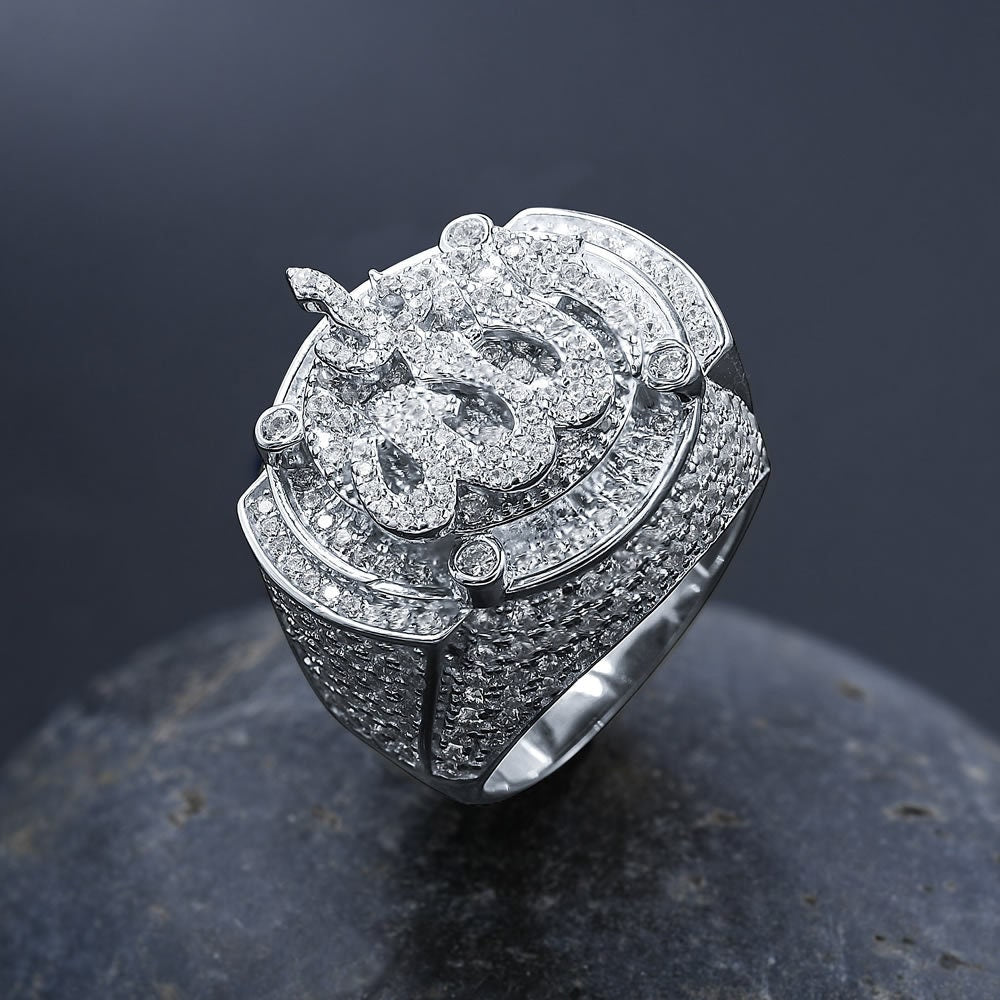 Mens Real White Gold Over Pure Sterling Silver Simulated Diamond Allah God Muslim Islamic Pinky Ring Band
