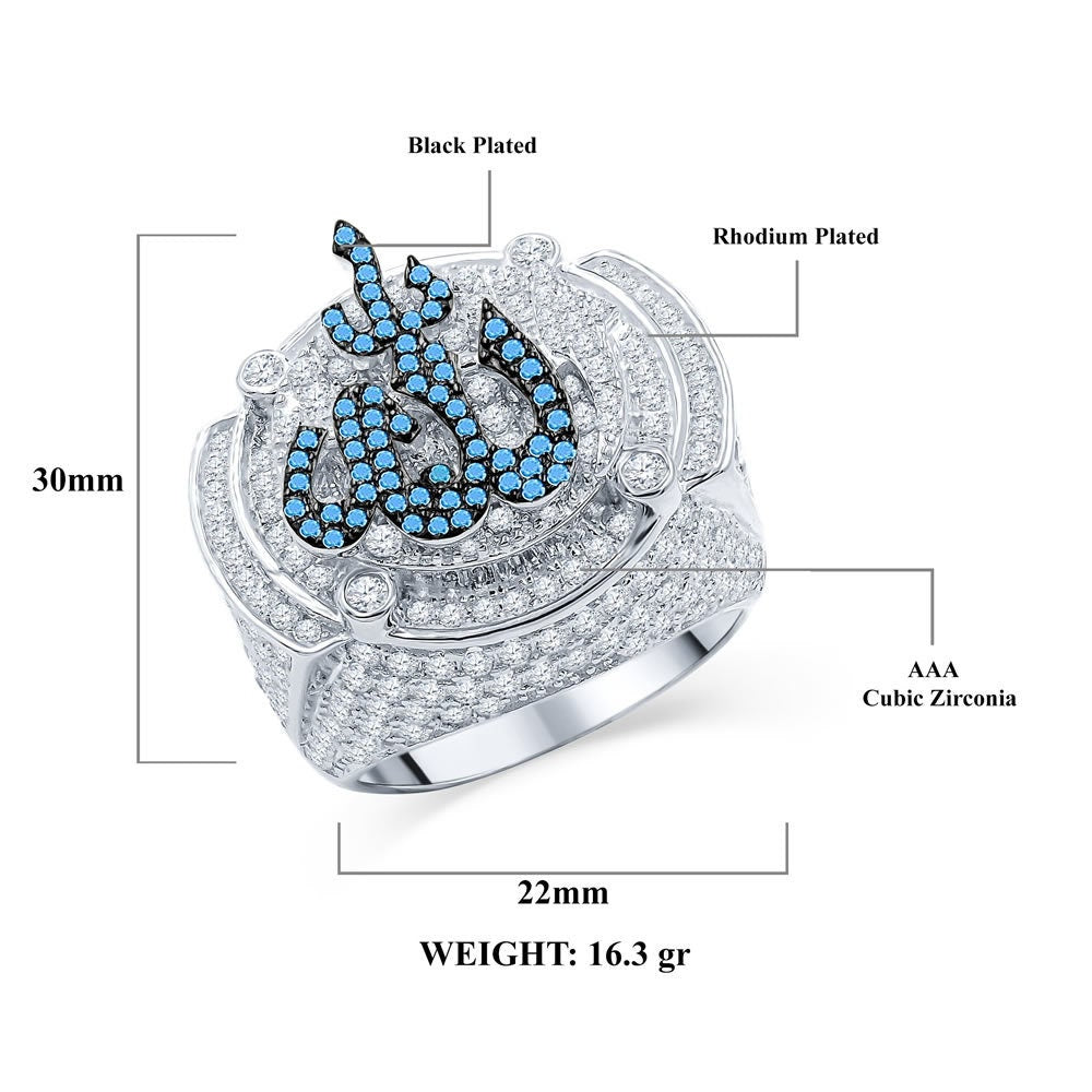 2 Tone Mens Real White Gold Over Pure Sterling Silver Simulated Diamond Allah God Muslim Islamic Pinky Ring Band