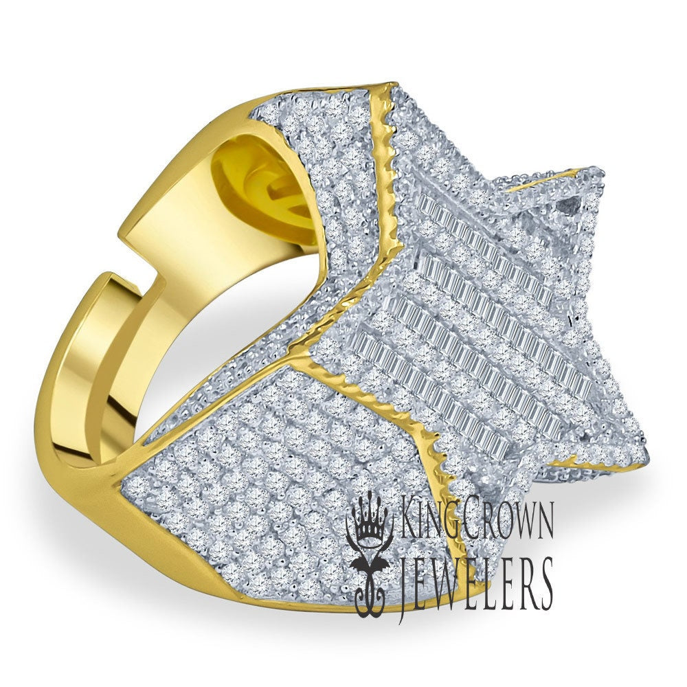 Real Sterling Silver 14K Yellow Gold Finish Lab Diamond Designer Baguette Men's Star Ring Band Big Bold