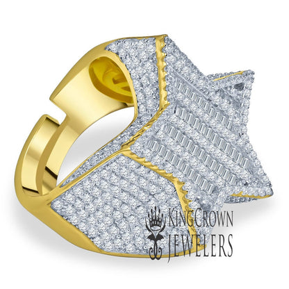 Real Sterling Silver 14K Yellow Gold Finish Lab Diamond Designer Baguette Men's Star Ring Band Big Bold