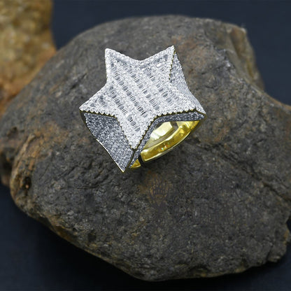 Real Sterling Silver 14K Yellow Gold Finish Lab Diamond Designer Baguette Men's Star Ring Band Big Bold