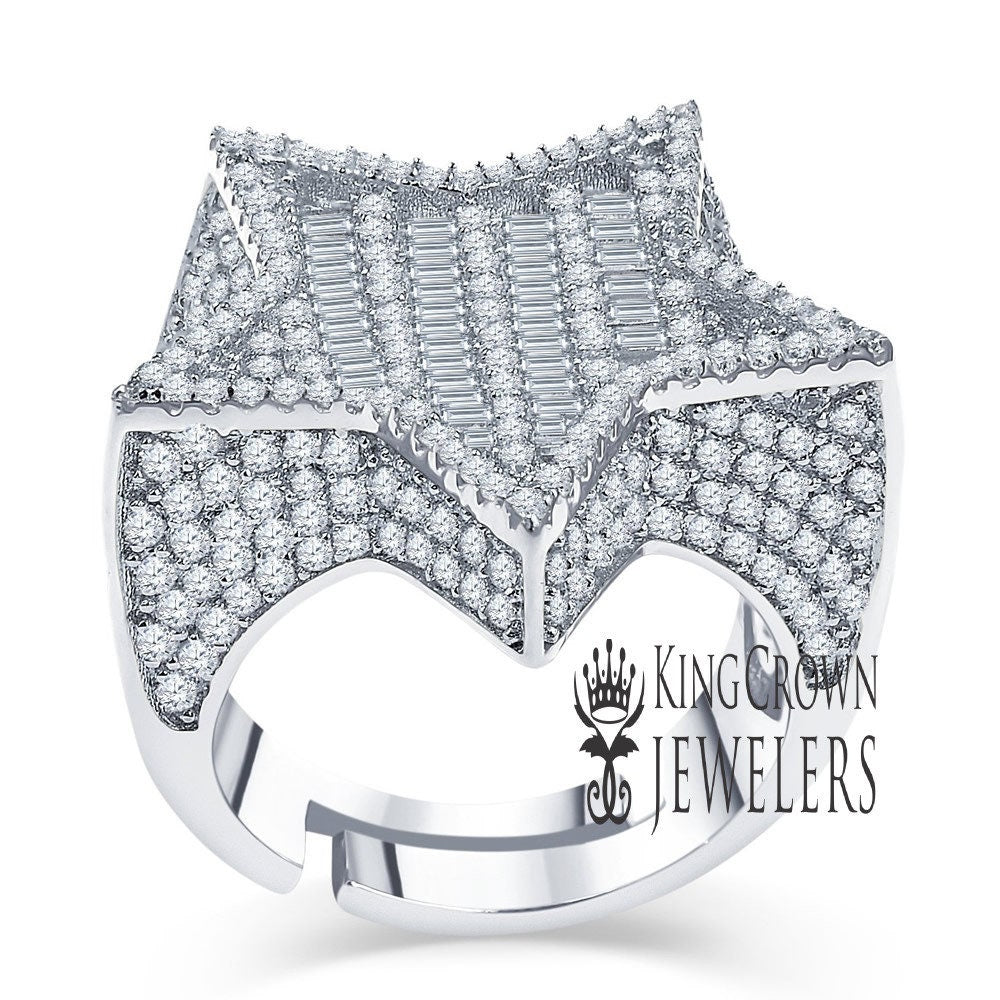 Big Bold Real Sterling Silver 14K White Gold Finish Lab Diamond Designer Baguette Men's Star Ring Band