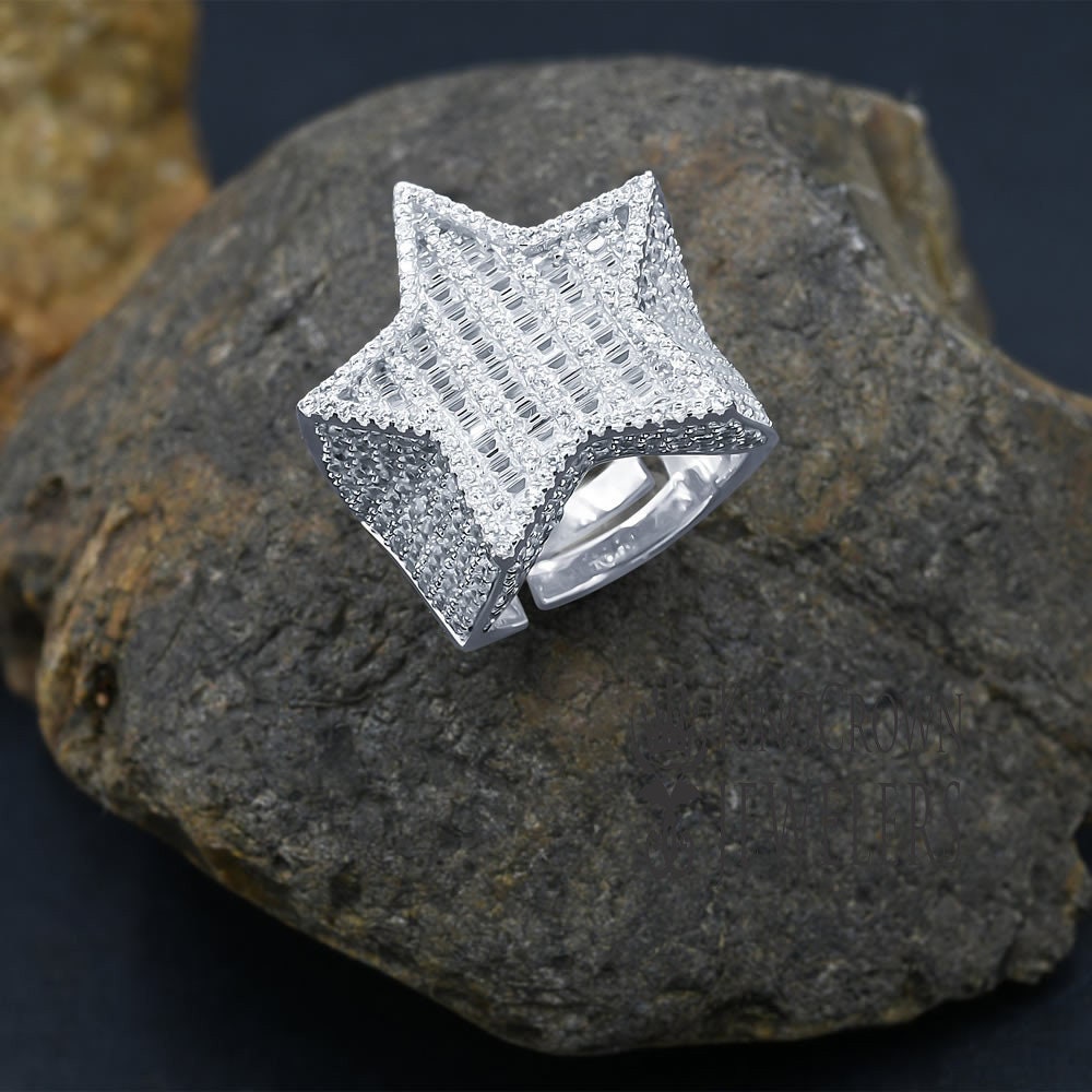 Big Bold Real Sterling Silver 14K White Gold Finish Lab Diamond Designer Baguette Men's Star Ring Band