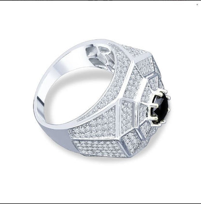 Pure Italian Sterling Silver 14K White Gold Finish Simulated Diamond Micro Pave Black Onyx Mens Ring Band