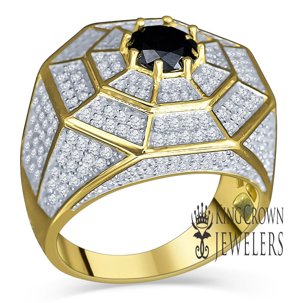 Pure Italian Sterling Silver 14K Yellow Gold Finish Simulated Diamond Micro Pave Black Onyx Mens Ring Band