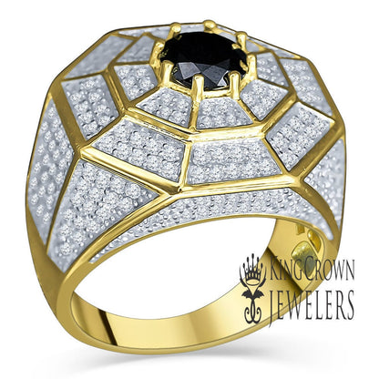 Pure Italian Sterling Silver 14K Yellow Gold Finish Simulated Diamond Micro Pave Black Onyx Mens Ring Band