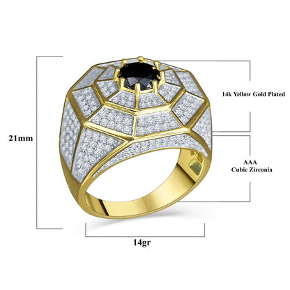 Pure Italian Sterling Silver 14K Yellow Gold Finish Simulated Diamond Micro Pave Black Onyx Mens Ring Band