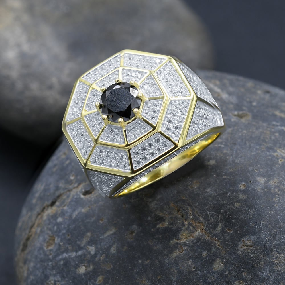 Pure Italian Sterling Silver 14K Yellow Gold Finish Simulated Diamond Micro Pave Black Onyx Mens Ring Band