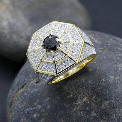 Pure Italian Sterling Silver 14K Yellow Gold Finish Simulated Diamond Micro Pave Black Onyx Mens Ring Band