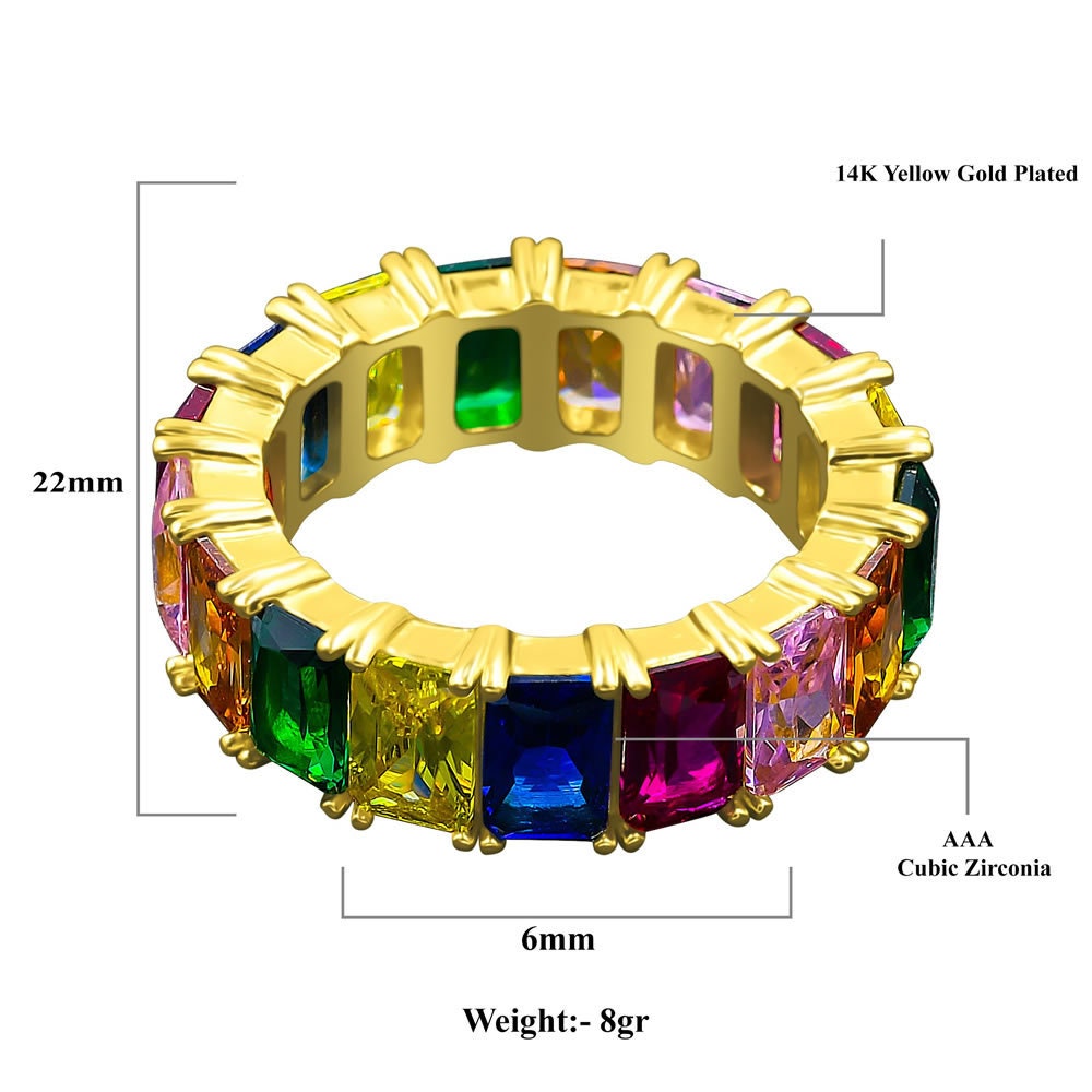 Princess Cut Rainbow Multi Tone Real Sterling Silver 14K Yellow Gold Finish Simulated Diamond Men's Band Ring