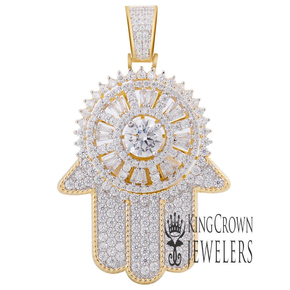 14K Yellow Gold Over Real Sterling Silver Lab Diamond Jewish Hamsa Hand Pendant Charm