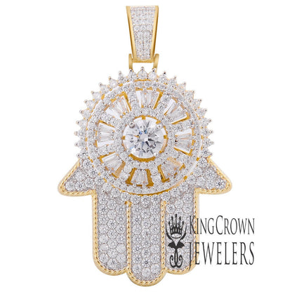 14K Yellow Gold Over Real Sterling Silver Lab Diamond Jewish Hamsa Hand Pendant Charm