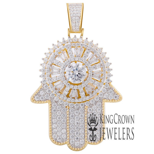 14K Yellow Gold Over Real Sterling Silver Lab Diamond Jewish Hamsa Hand Pendant Charm