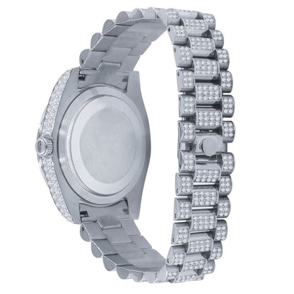 Stainless  Steel Day/Date Roman Face Solitaire Bezel 18K White Gold Finish Full Iced Out Dial & Band Men's Diamond Watch 40mm - Crown