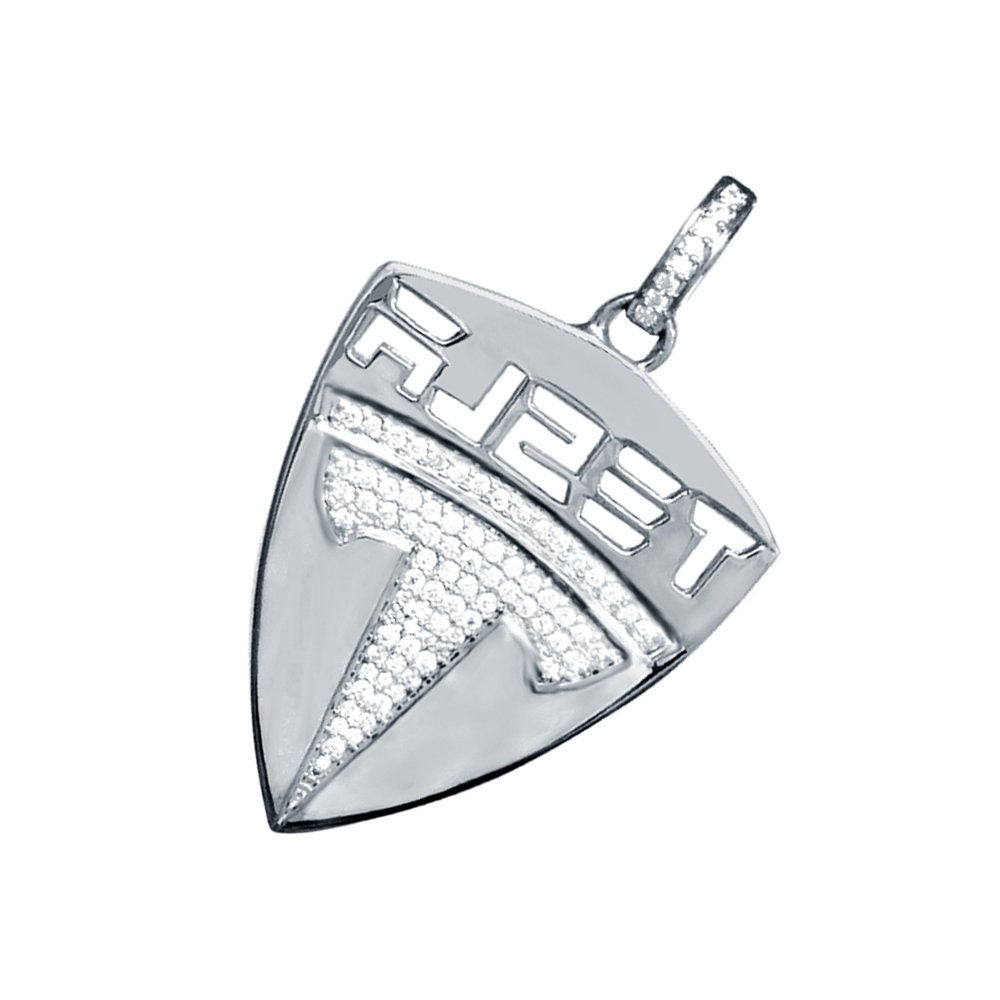 New 10k White Gold Tone Men's Real Sterling Silver Car Logo Custom Charm Pendant 2.25"