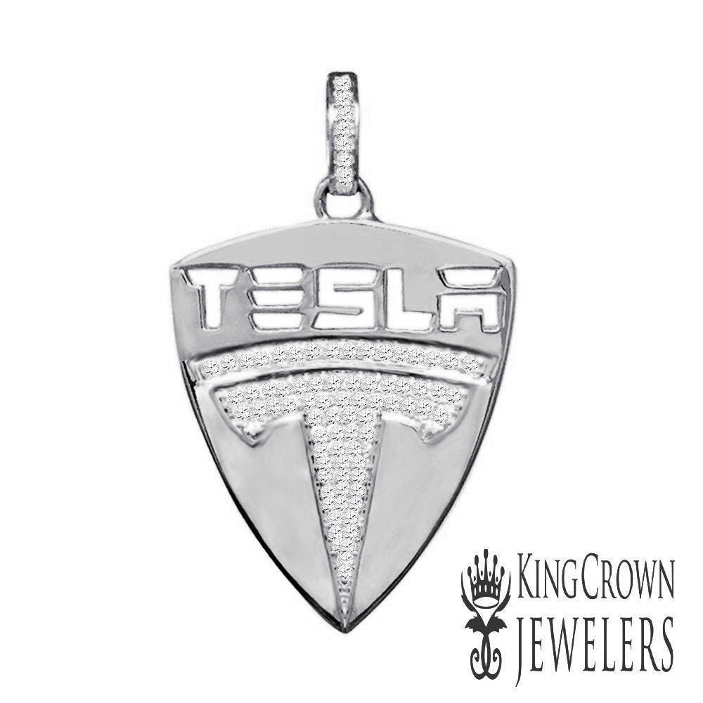 New 10k White Gold Tone Men's Real Sterling Silver Car Logo Custom Charm Pendant 2.25"