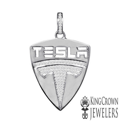 New 10k White Gold Tone Men's Real Sterling Silver Car Logo Custom Charm Pendant 2.25"