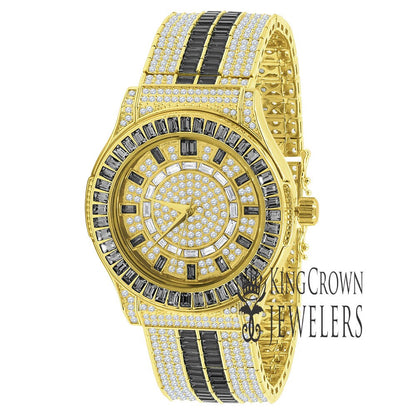 Mens Black Onyx Baguette Simulated Diamond 18K Gold Finish Iced Out Custom Band Luxury Watch