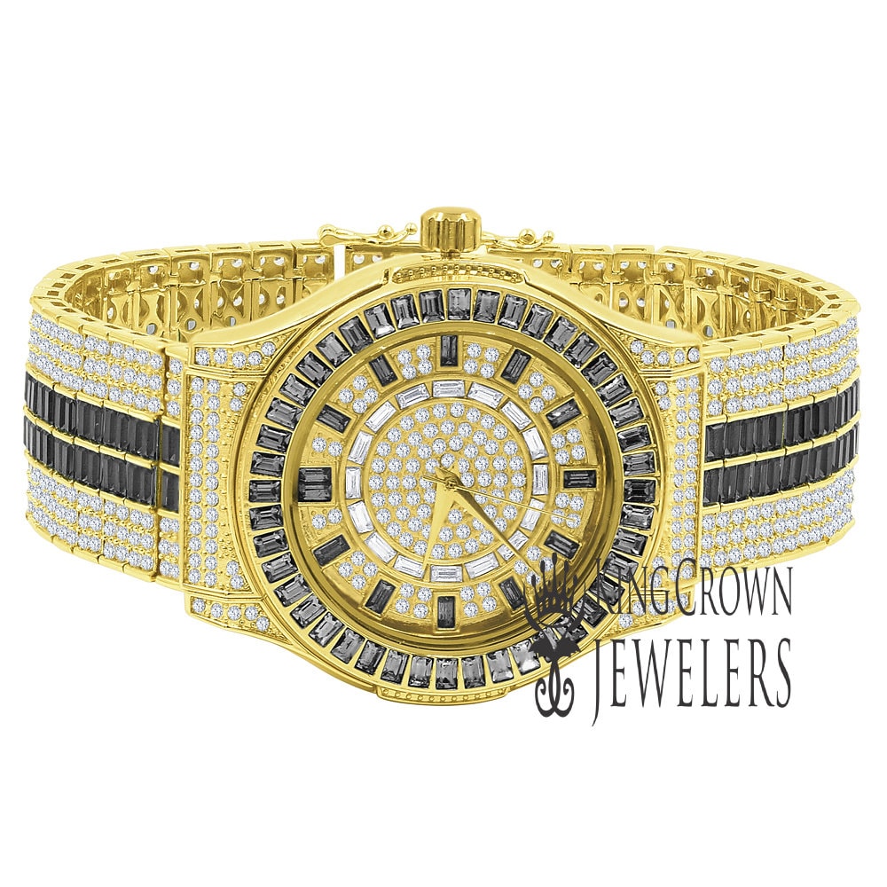 Mens Black Onyx Baguette Simulated Diamond 18K Gold Finish Iced Out Custom Band Luxury Watch