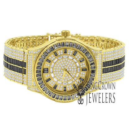 Mens Black Onyx Baguette Simulated Diamond 18K Gold Finish Iced Out Custom Band Luxury Watch