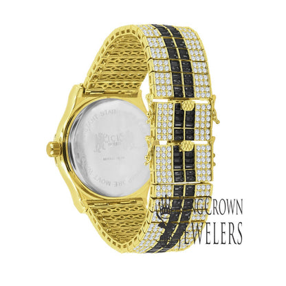 Mens Black Onyx Baguette Simulated Diamond 18K Gold Finish Iced Out Custom Band Luxury Watch