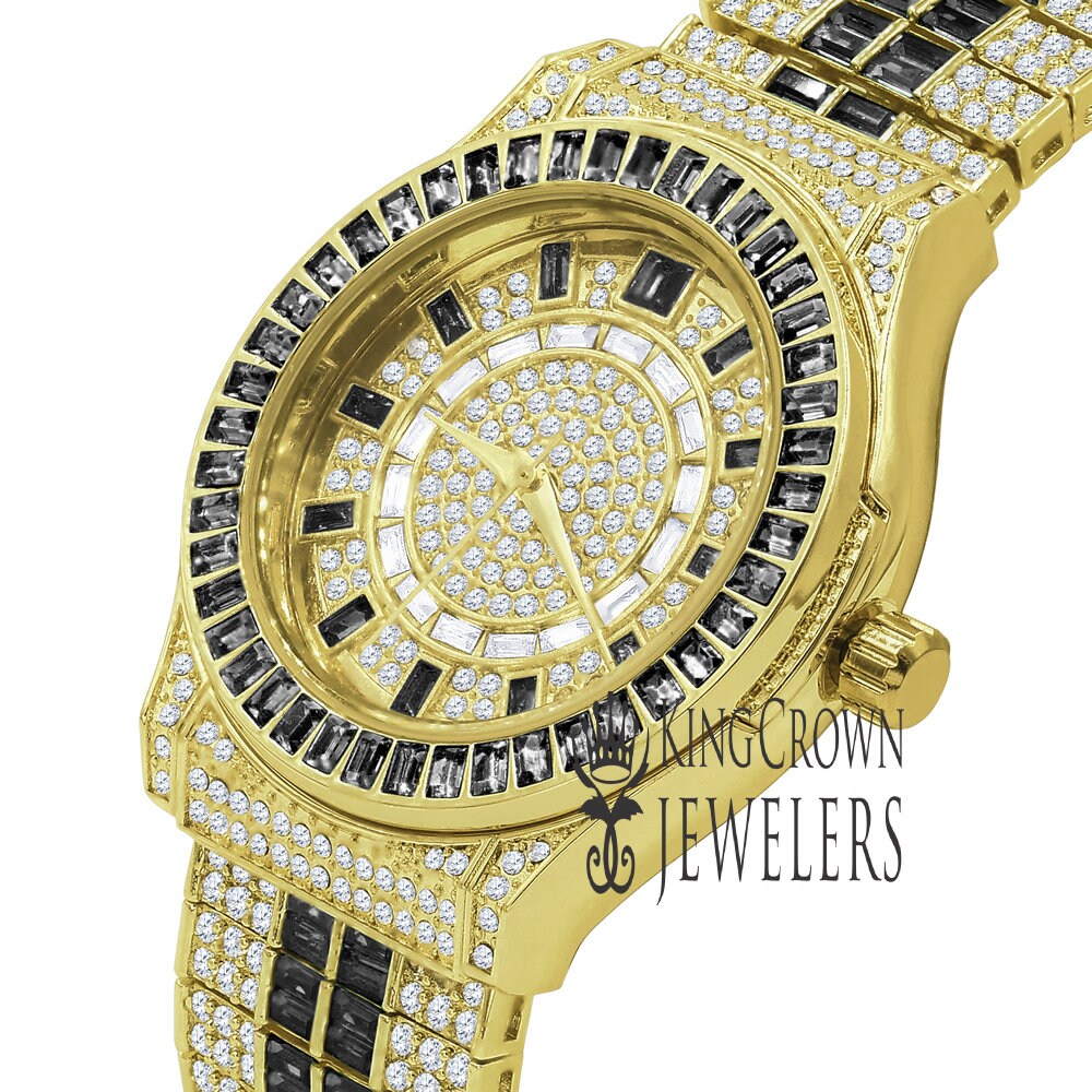 Mens Black Onyx Baguette Simulated Diamond 18K Gold Finish Iced Out Custom Band Luxury Watch