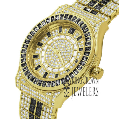 Mens Black Onyx Baguette Simulated Diamond 18K Gold Finish Iced Out Custom Band Luxury Watch