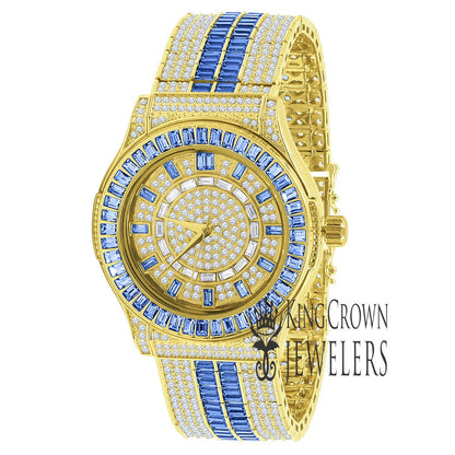 Mens Blue Sapphire Baguette Simulated Diamond 18K Gold Finish Iced Out Custom Band Luxury Watch