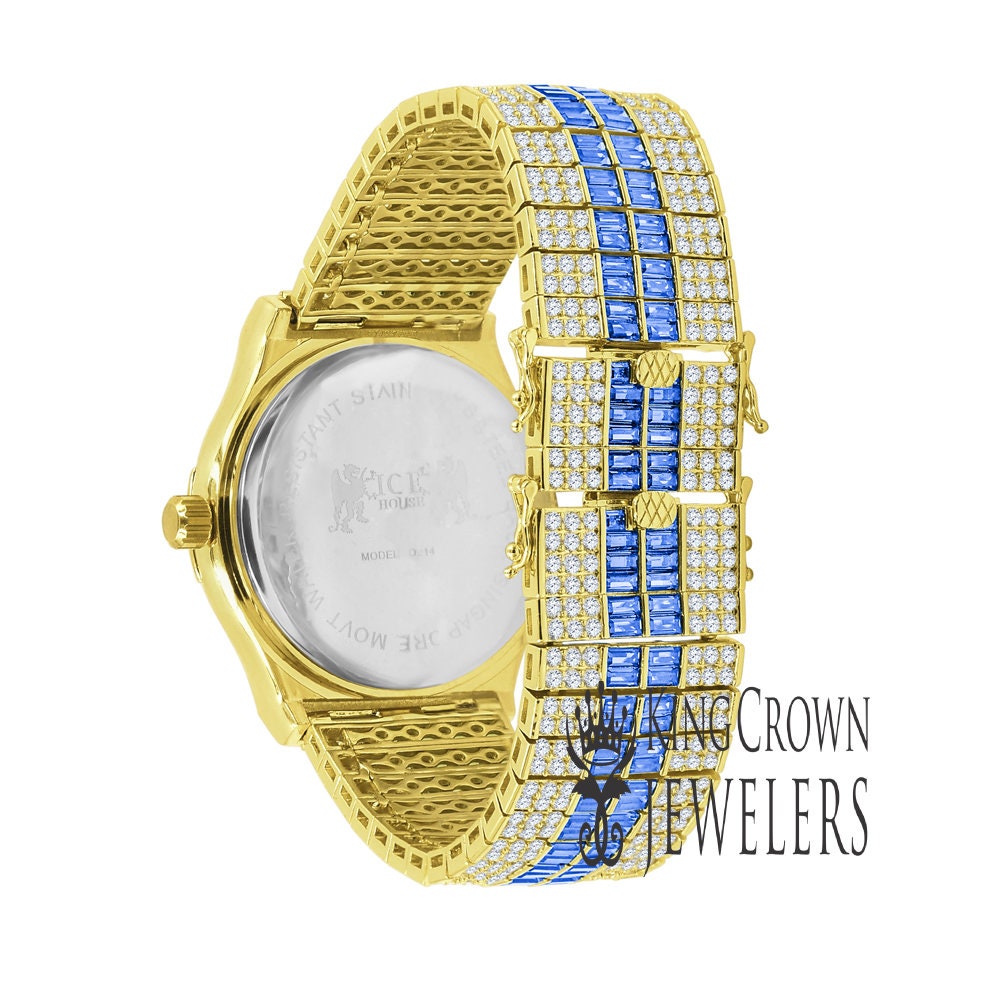 Mens Blue Sapphire Baguette Simulated Diamond 18K Gold Finish Iced Out Custom Band Luxury Watch