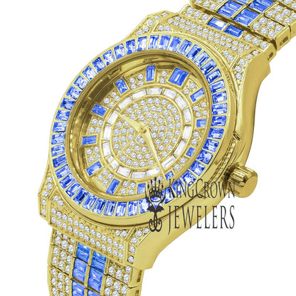 Mens Blue Sapphire Baguette Simulated Diamond 18K Gold Finish Iced Out Custom Band Luxury Watch