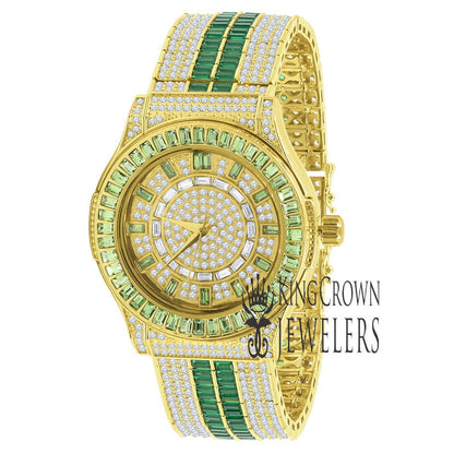 Mens Green Emerald Baguette Simulated Diamond 18K Gold Finish Iced Out Custom Band Luxury Watch