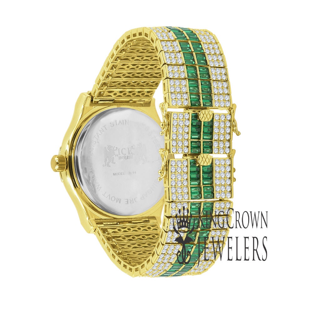 Mens Green Emerald Baguette Simulated Diamond 18K Gold Finish Iced Out Custom Band Luxury Watch