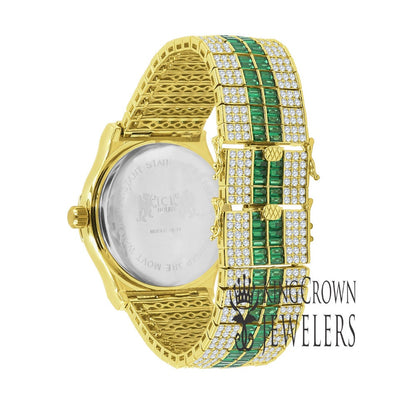 Mens Green Emerald Baguette Simulated Diamond 18K Gold Finish Iced Out Custom Band Luxury Watch
