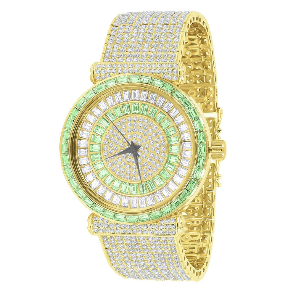 3.00ct Baguette Simulated Diamond Jo Rodeo 10 Row Custom Band Watch Iced Out Big Bold Emerald Green