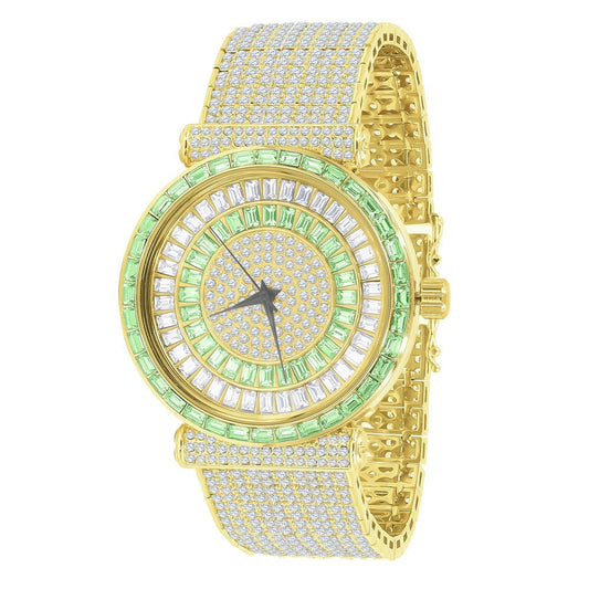 3.00ct Baguette Simulated Diamond Jo Rodeo 10 Row Custom Band Watch Iced Out Big Bold Emerald Green