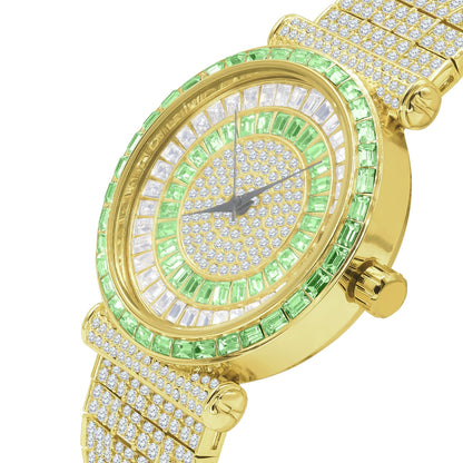 3.00ct Baguette Simulated Diamond Jo Rodeo 10 Row Custom Band Watch Iced Out Big Bold Emerald Green