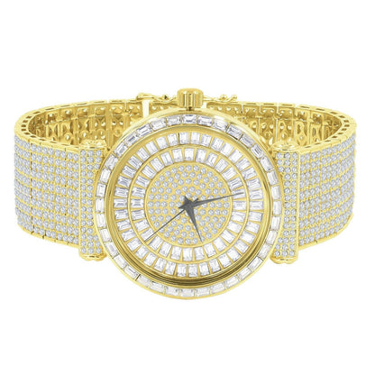 18K Yellow Gold Finish Mens Baguette Simulated Diamond Jo Rodeo 10 Row Custom Band Iced Out Bezel Luxury Watch