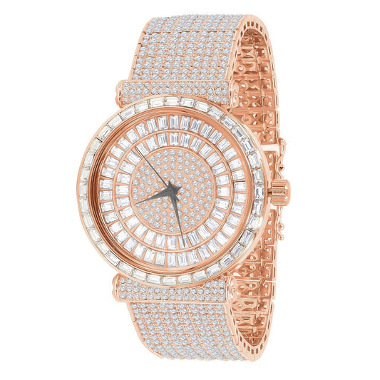 Rose Gold Copper Tone Baguette Simulated Diamond Jo Rodeo 10 Row Custom Band Iced Out Bezel Mens Luxury Watch