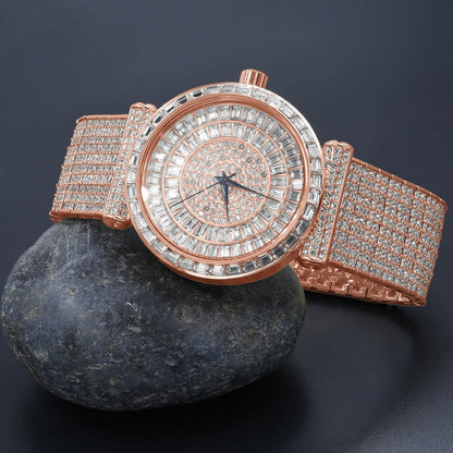 Rose Gold Copper Tone Baguette Simulated Diamond Jo Rodeo 10 Row Custom Band Iced Out Bezel Mens Luxury Watch