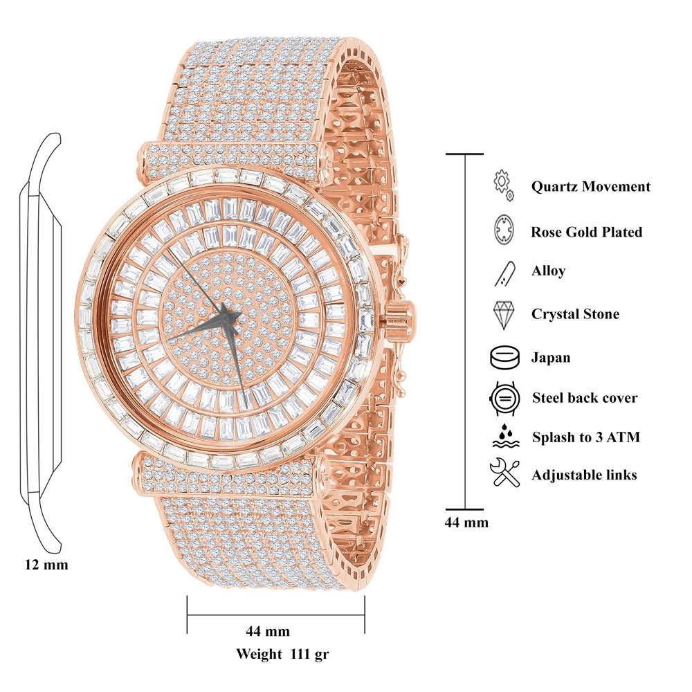 Rose Gold Copper Tone Baguette Simulated Diamond Jo Rodeo 10 Row Custom Band Iced Out Bezel Mens Luxury Watch