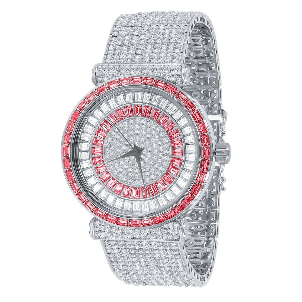 Ruby Red Mens 18K White Gold Finish Baguette Simulated Diamond Jo Rodeo 10 Row Custom Band Iced Out Bezel Watch