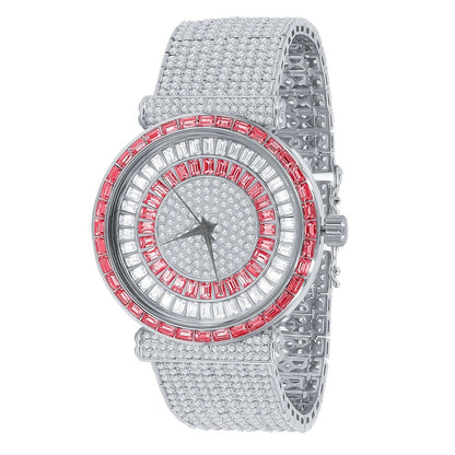Ruby Red Mens 18K White Gold Finish Baguette Simulated Diamond Jo Rodeo 10 Row Custom Band Iced Out Bezel Watch
