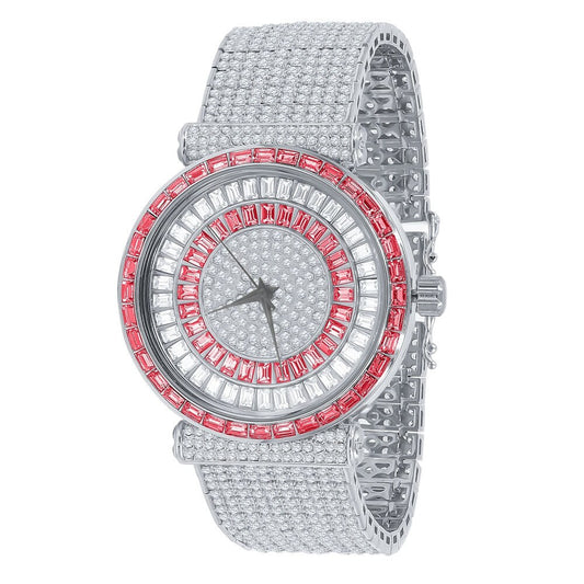 Ruby Red Mens 18K White Gold Finish Baguette Simulated Diamond Jo Rodeo 10 Row Custom Band Iced Out Bezel Watch
