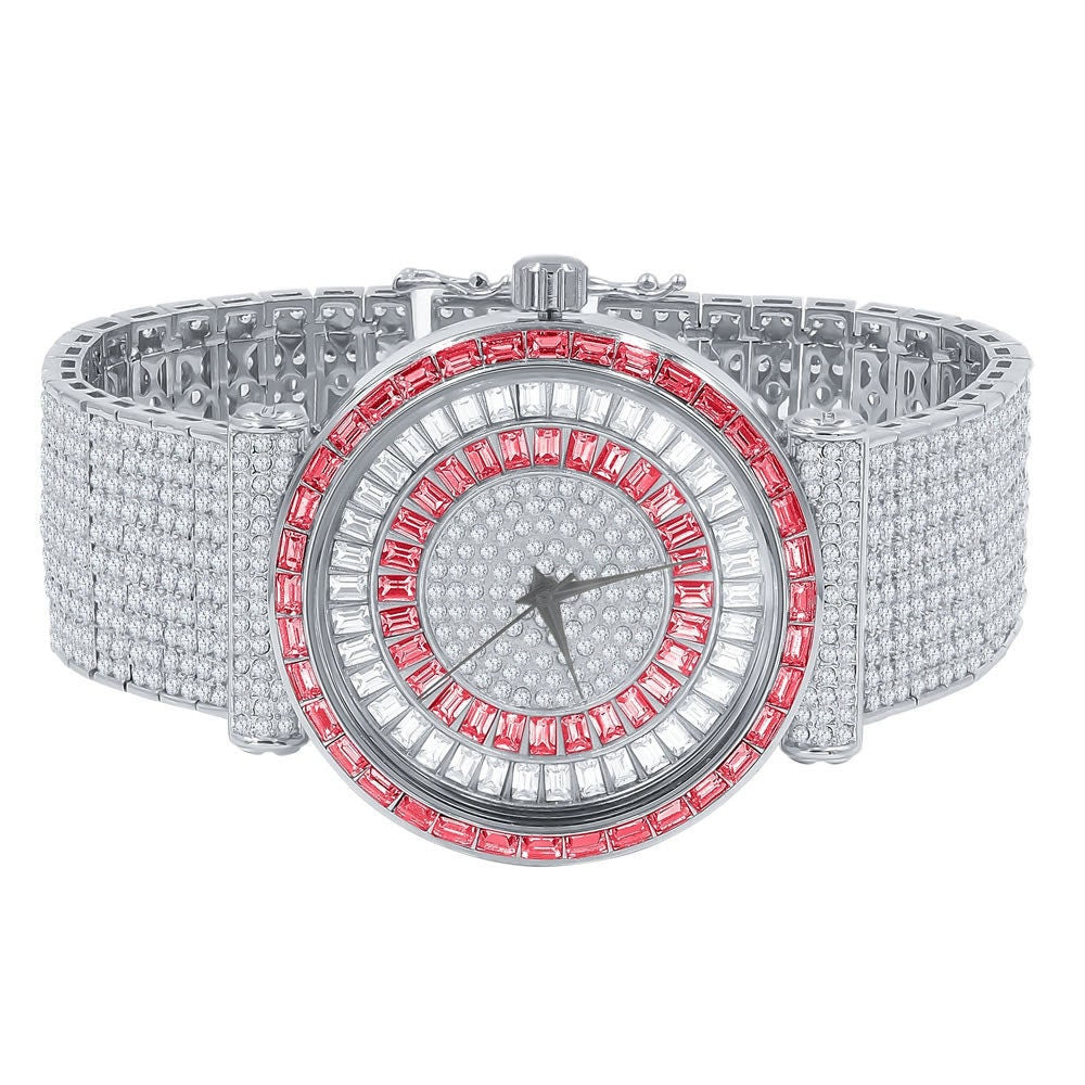 Ruby Red Mens 18K White Gold Finish Baguette Simulated Diamond Jo Rodeo 10 Row Custom Band Iced Out Bezel Watch