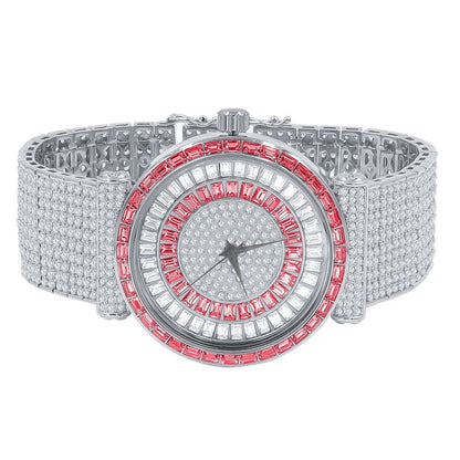Ruby Red Mens 18K White Gold Finish Baguette Simulated Diamond Jo Rodeo 10 Row Custom Band Iced Out Bezel Watch