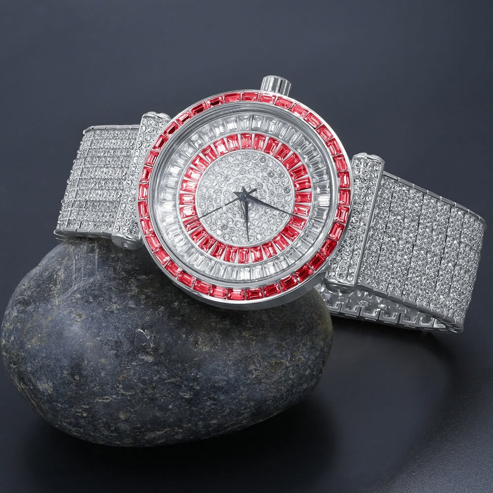 Ruby Red Mens 18K White Gold Finish Baguette Simulated Diamond Jo Rodeo 10 Row Custom Band Iced Out Bezel Watch