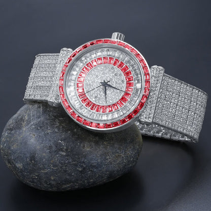 Ruby Red Mens 18K White Gold Finish Baguette Simulated Diamond Jo Rodeo 10 Row Custom Band Iced Out Bezel Watch
