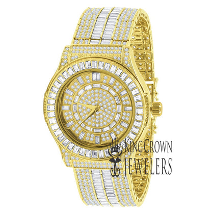 Fully Iced Out Baguette/Round Simulated Diamond 18K Yellow Gold Finish Custom Band Luxury Watch