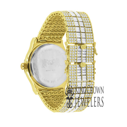 Fully Iced Out Baguette/Round Simulated Diamond 18K Yellow Gold Finish Custom Band Luxury Watch