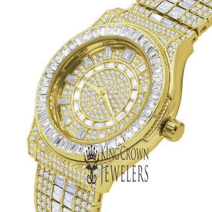 Fully Iced Out Baguette/Round Simulated Diamond 18K Yellow Gold Finish Custom Band Luxury Watch